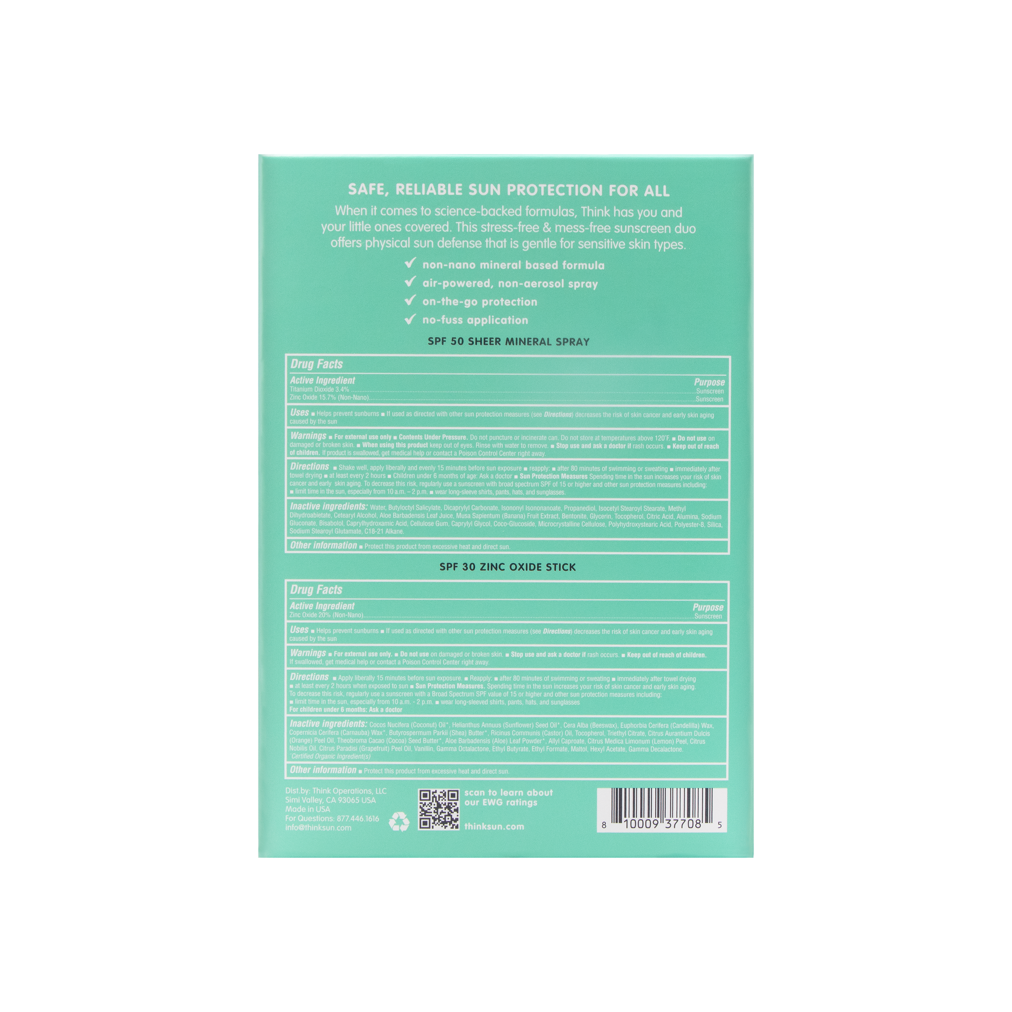 ThinkKids Mineral Sunscreen Duo – Back view of the ThinkKids Mineral Sunscreen Duo packaging. Includes detailed information on the SPF 50 sheer mineral spray and SPF 30 zinc oxide stick, highlighting their non-nano mineral-based formulas and easy, no-fuss application.