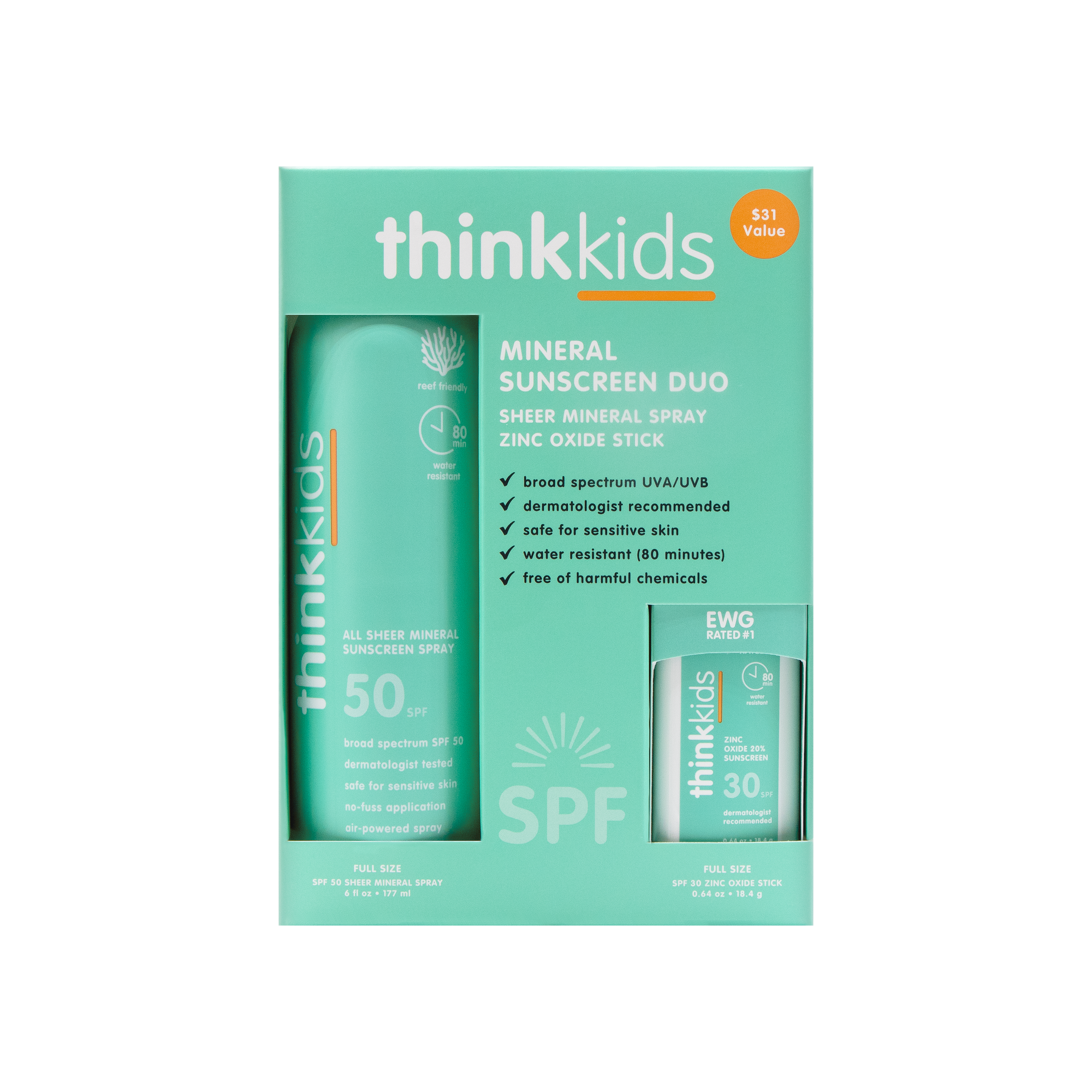 ThinkKids Mineral Sunscreen Duo – Front view of the ThinkKids Mineral Sunscreen Duo packaging, featuring SPF 50 sheer mineral spray and SPF 30 zinc oxide stick. Provides broad-spectrum UVA/UVB protection, dermatologist recommended, and water-resistant for up to 80 minutes.