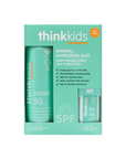 ThinkKids Mineral Sunscreen Duo – Front view of the ThinkKids Mineral Sunscreen Duo packaging, featuring SPF 50 sheer mineral spray and SPF 30 zinc oxide stick. Provides broad-spectrum UVA/UVB protection, dermatologist recommended, and water-resistant for up to 80 minutes.