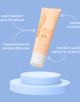 Thinkbaby Clear Zinc Sunscreen SPF 50 shown on a blue background, highlighting mineral sunscreen, water resistance up to 80 minutes, fragrance‑free formula, and quick blending for all skin tones.