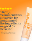 Thinkbaby Clear Zinc Sunscreen SPF 50 with five‑star customer review recommending the mineral sunscreen for summer and skin‑friendly ingredients.