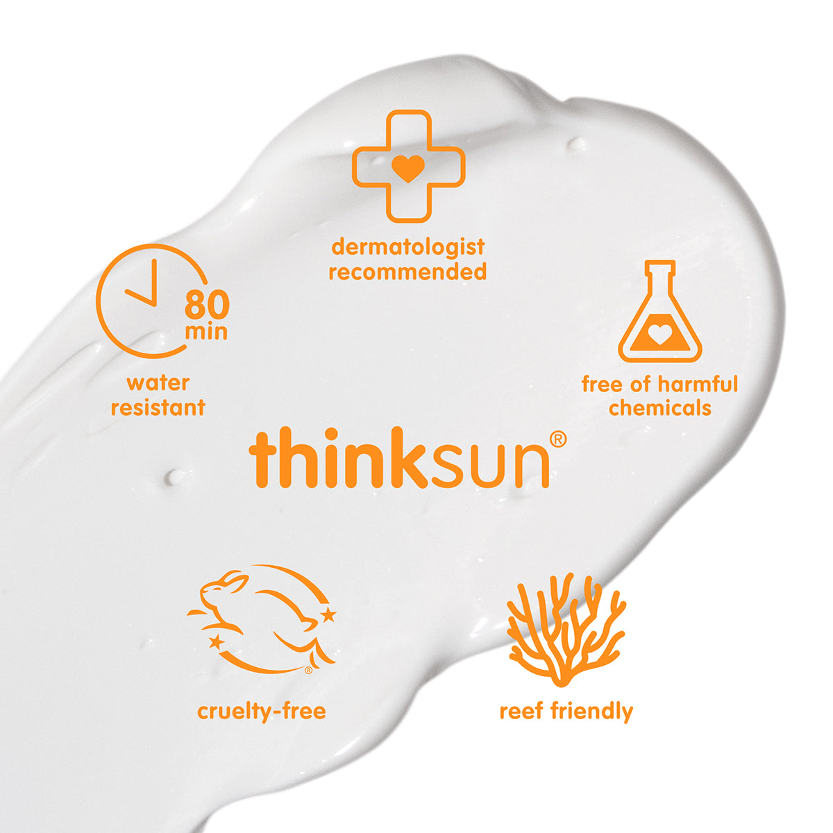 Thinksun mineral sunscreen texture graphic highlighting dermatologist‑recommended formula, 80‑minute water resistance, cruelty‑free, reef‑friendly, and free from harmful chemicals.