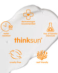 Thinksun mineral sunscreen texture graphic highlighting dermatologist‑recommended formula, 80‑minute water resistance, cruelty‑free, reef‑friendly, and free from harmful chemicals.