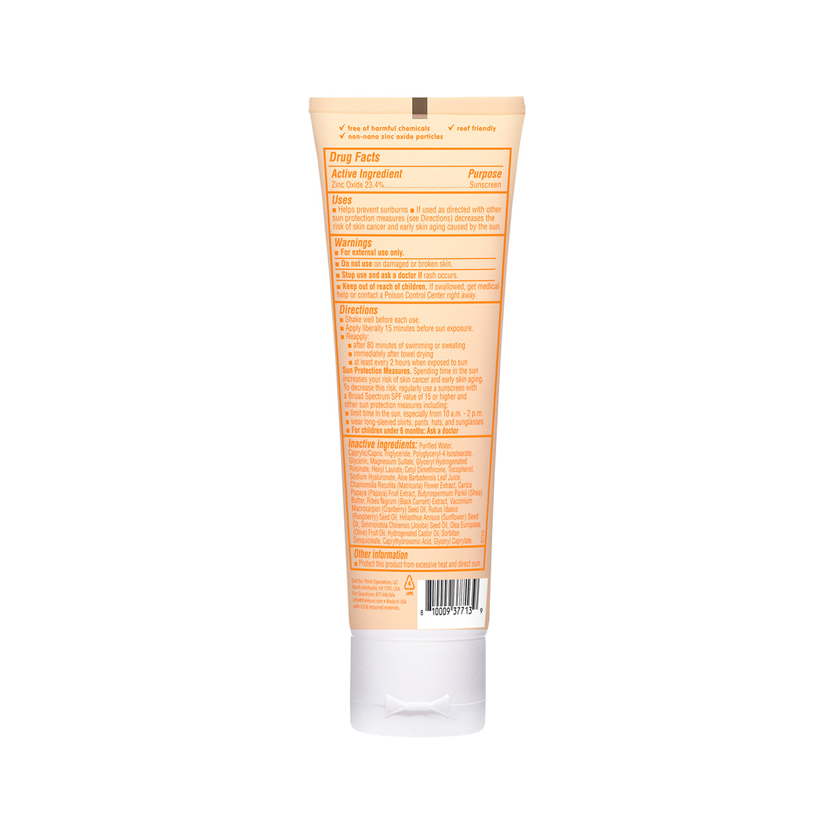 Back of Thinkbaby Clear Zinc Sunscreen tube displaying product information, directions for use, ingredients list, and barcode.