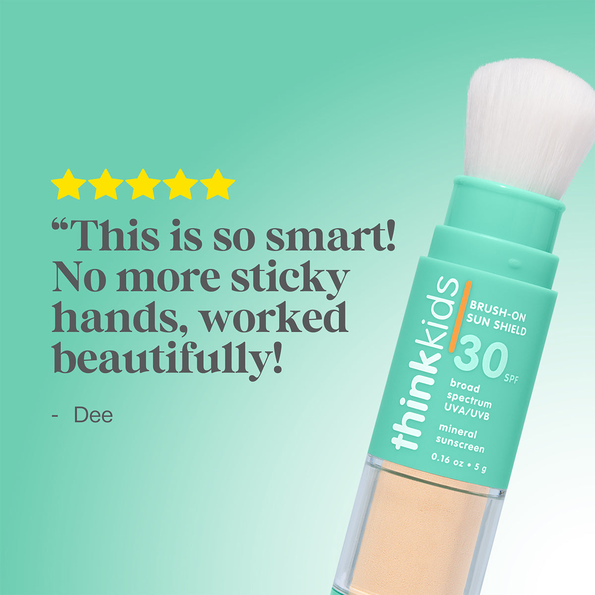Think Kids sunscreen stick with positive review text on a green background