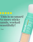 Think Kids sunscreen stick with positive review text on a green background
