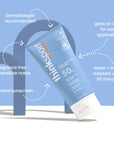 A tube of ThinkSport SPF 50 clear zinc sunscreen presented against a monochrome backdrop with circular design elements. The image highlights key product features such as being dermatologist recommended, mineral-based, fragrance-free for sensitive noses, water and sweat-resistant for up to 80 minutes, and the formula's clear application for easy use.