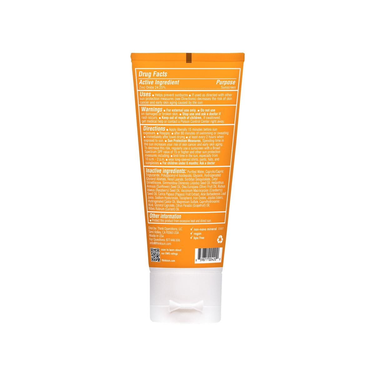 Back view of ThinkDaily Tinted Face 30 SPF Sunscreen tube, displaying detailed product information, usage directions, and ingredients.