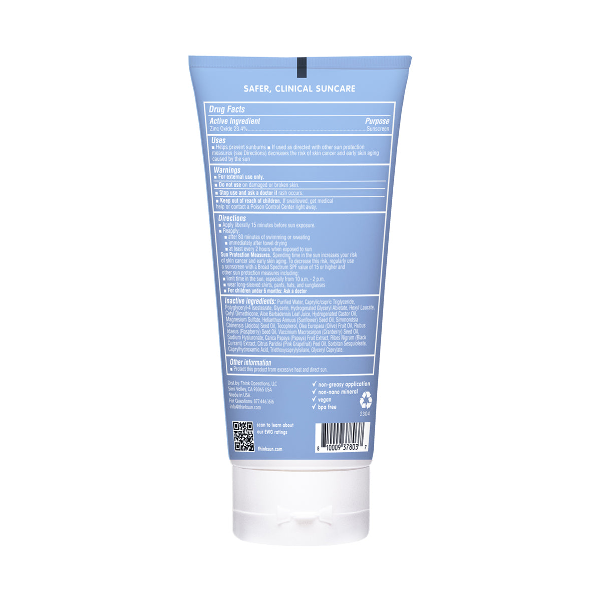 Back view of a ThinkSport SPF 50 Clear Zinc sunscreen tube displaying detailed drug facts, active ingredients, usage instructions, and safety warnings.