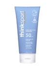 Front view of ThinkSport SPF 50 Clear Zinc sunscreen tube with key features like broad-spectrum UVA/UVB, water resistance, and free of harmful chemicals.