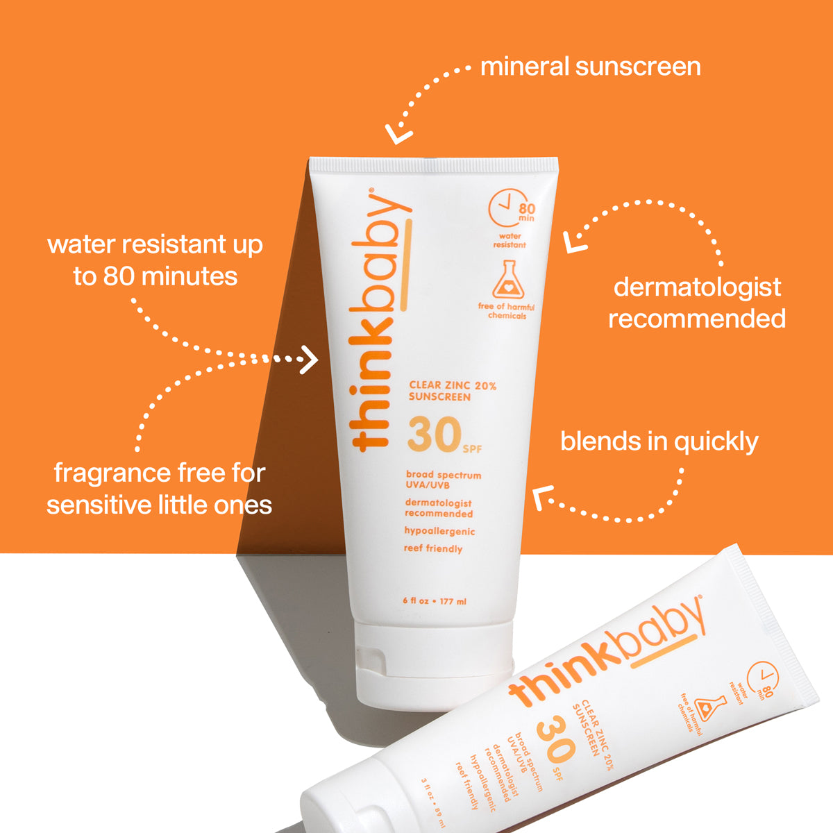ThinkBaby Clear Zinc 30 SPF Sunscreen tube with key benefits including water resistance, mineral sunscreen, and dermatologist recommended features.
