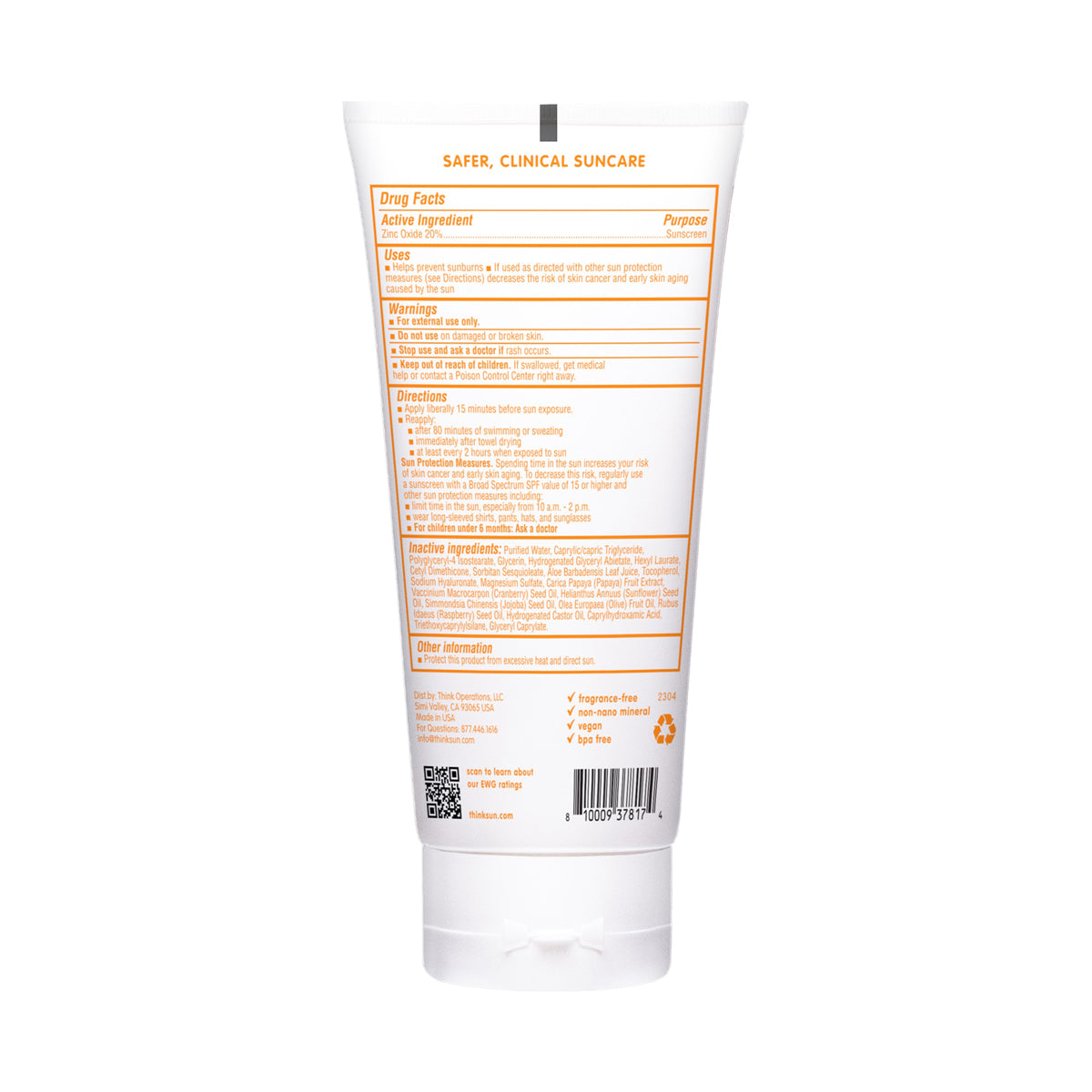 Back view of ThinkBaby Clear Zinc 30 SPF Sunscreen tube, displaying detailed product information, usage directions, and ingredients.
