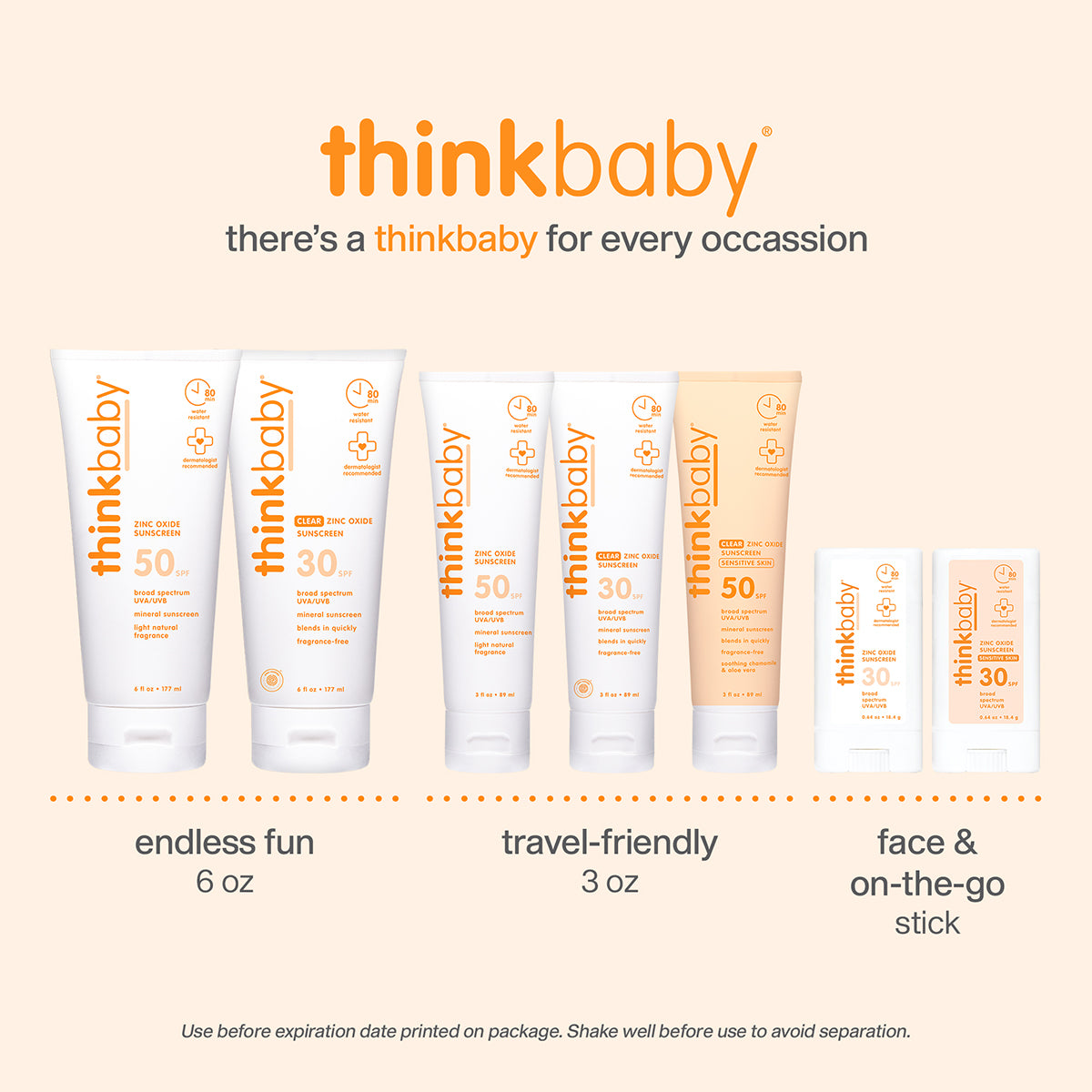 Thinkbaby sunscreen product range featuring 6 oz full‑size bottles, travel‑friendly 3 oz options, and face and on‑the‑go sunscreen sticks.