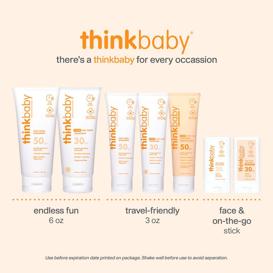 thinkbaby sunscreen products on a beige background with branding and product types listed.