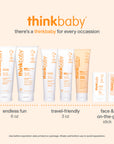 thinkbaby sunscreen products on a beige background with branding and product types listed.