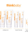 A variety of Thinkbaby sunscreen tubes for sensitive skin with different SPF levels, advertised as ideal for endless fun and travel-friendly for on-the-go protection.