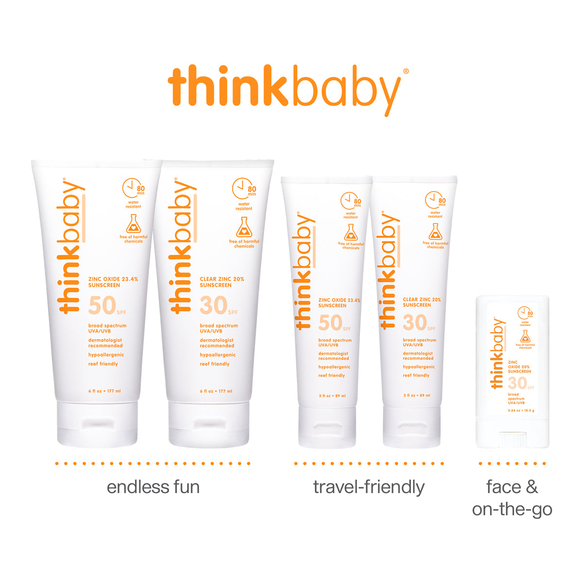 ThinkBaby sunscreen range including SPF 50 and SPF 30, designed for endless fun, travel-friendly use, and face and on-the-go protection.