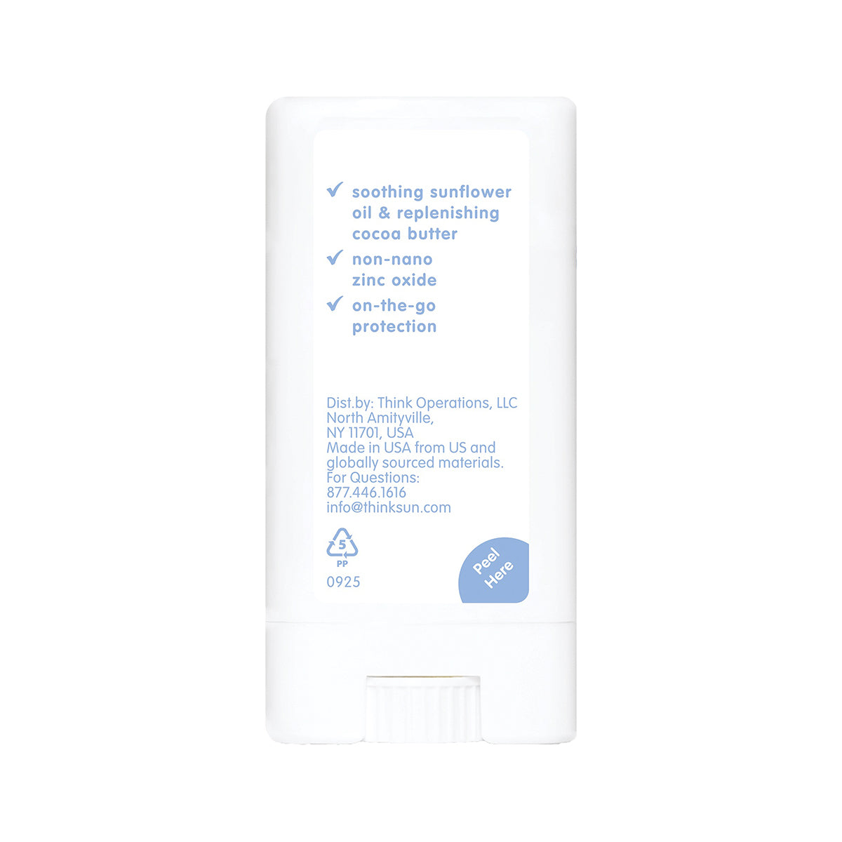 Back label of Thinksport SPF 30 sunscreen stick listing soothing sunflower oil, cocoa butter, non‑nano zinc oxide, and on‑the‑go protection features.