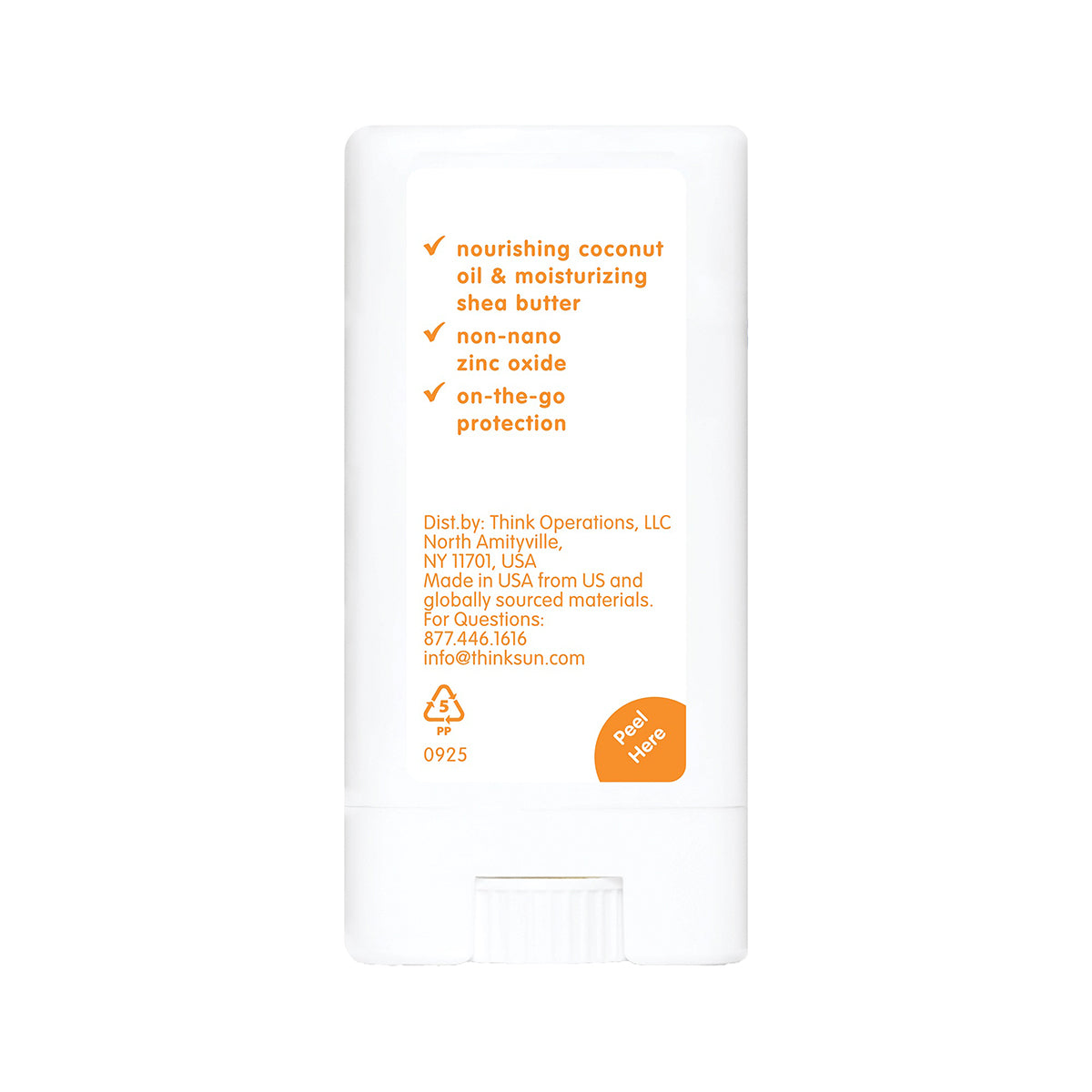 Back label of Thinkbaby SPF 30 mineral sunscreen stick showing ingredients such as coconut oil, shea butter, and non‑nano zinc oxide.