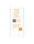 Back view of Thinkbaby sunscreen stick highlighting clinical suncare benefits, including dermatologist recommendation and EWG rating, with a QR code for additional information.
