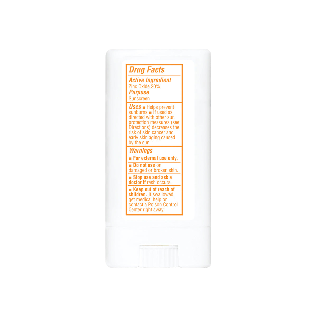 Close-up on the back of Thinkbaby sunscreen stick packaging detailing active ingredient, purpose as a sunscreen, uses, and warnings.