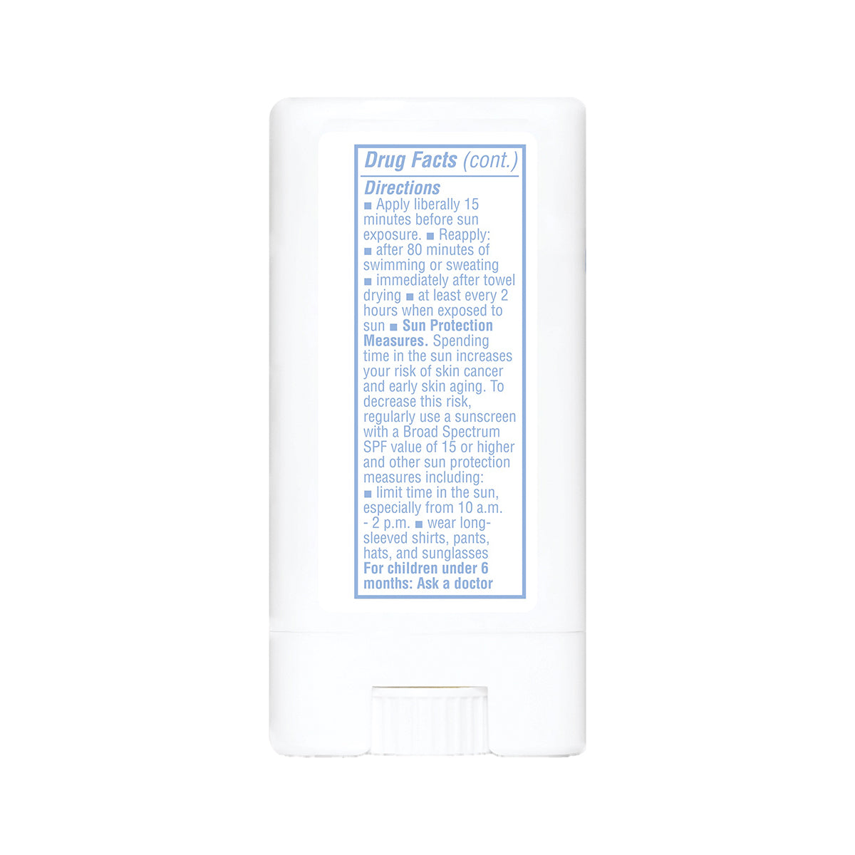 Thinksport SPF 30 sunscreen stick directions panel with instructions for sun protection, reapplication, and recommended usage.