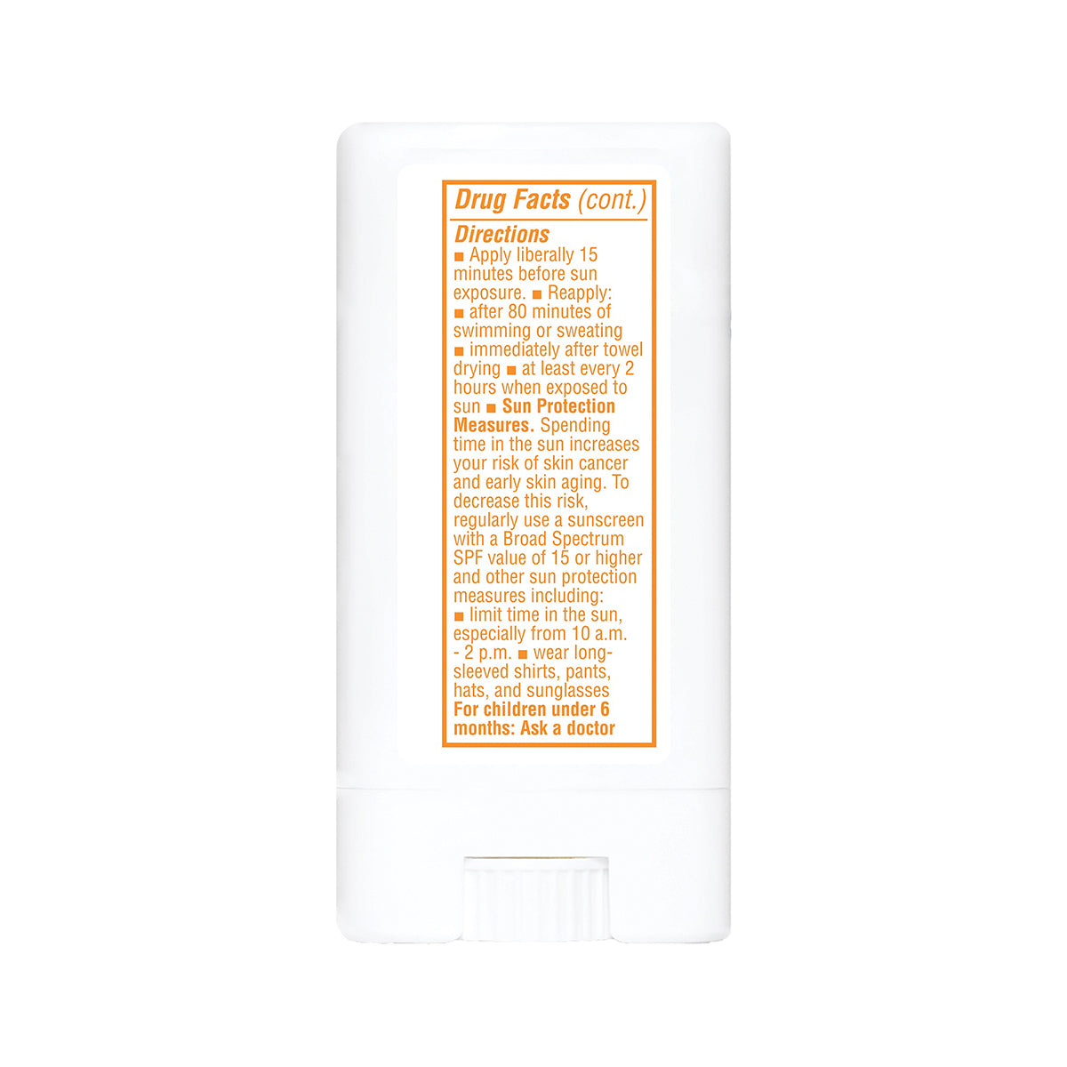 Thinkbaby SPF 30 sunscreen stick directions for use, including application timing, reapplication guidance, and sun protection tips.