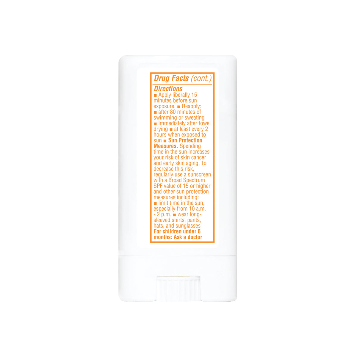 Back of the Thinkbaby sunscreen stick packaging showing drug directions, including application instructions and sun safety measures