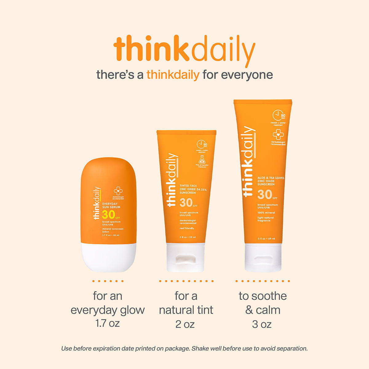 thinkdaily sunscreen products on a beige background