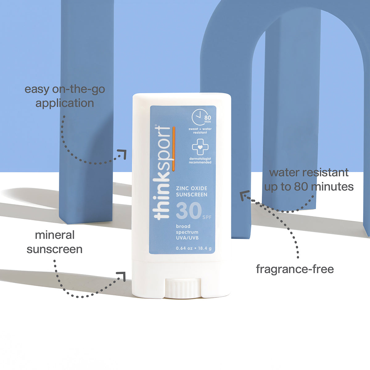 Thinksport SPF 30 mineral sunscreen stick displayed on a light blue background with callouts for on‑the‑go application, water resistance, fragrance‑free formula, and mineral sunscreen benefits.