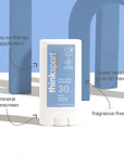 Thinksport SPF 30 mineral sunscreen stick displayed on a light blue background with callouts for on‑the‑go application, water resistance, fragrance‑free formula, and mineral sunscreen benefits.