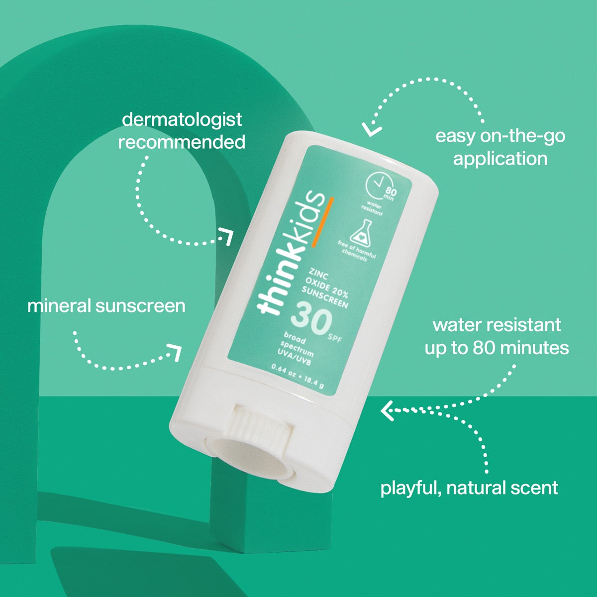 ThinkKids Sunscreen Stick – Convenient and portable SPF 30 zinc oxide sunscreen stick. Provides broad-spectrum UVA/UVB protection, water resistance up to 80 minutes, and easy on-the-go application. Dermatologist recommended, mineral-based, and free of harmful chemicals.