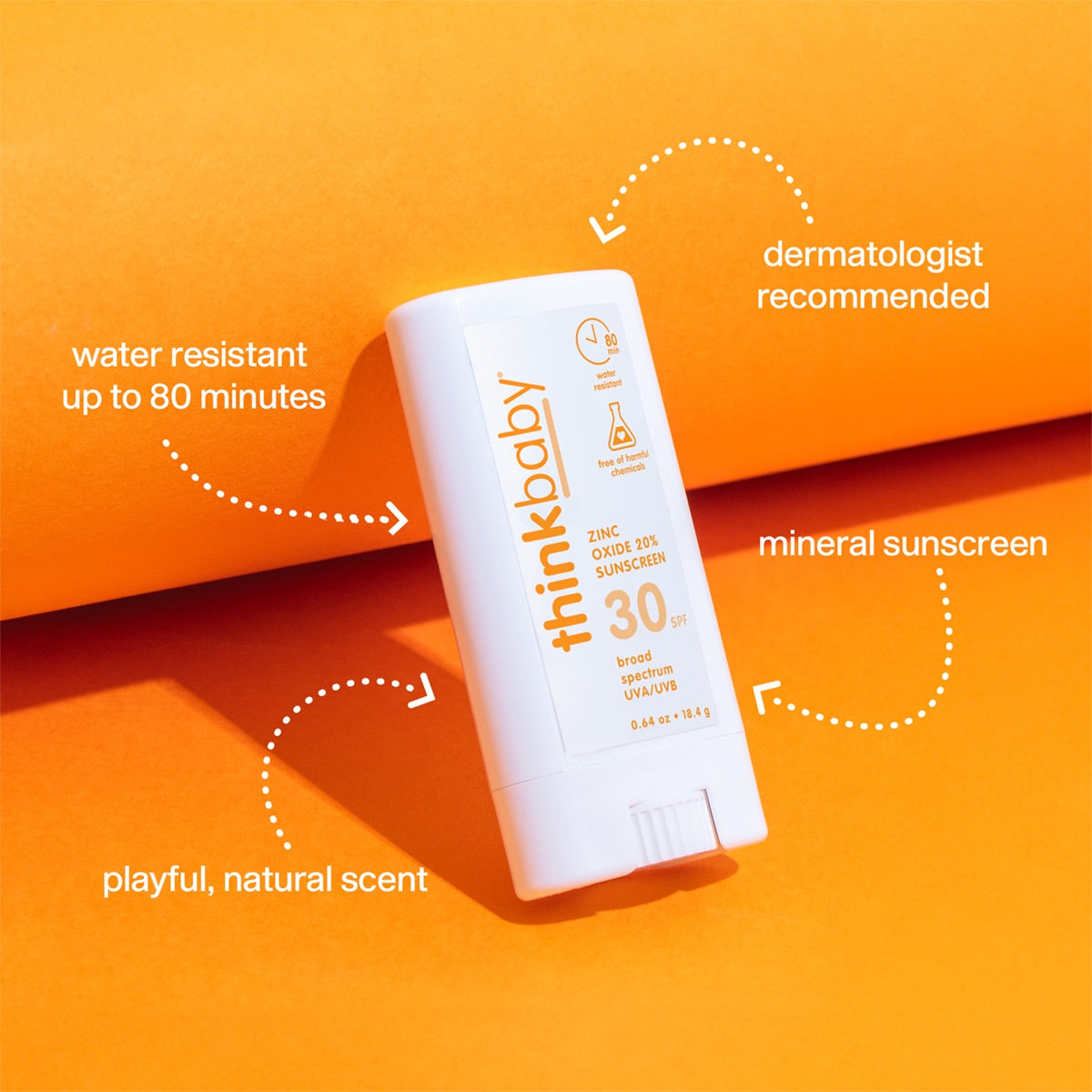 Flat lay image of Thinkbaby sunscreen stick with annotations for key features like dermatologist recommendation, mineral sunscreen, and a playful, natural scent.