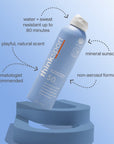 ThinkSport SPF 50 sunscreen spray can on a textured surface with dotted lines pointing to its features: water and sweat resistance, playful scent, dermatologist recommended, mineral-based.