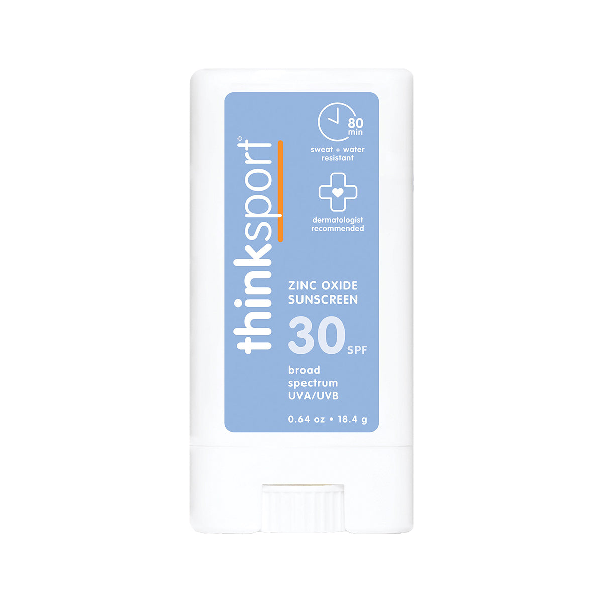Front view of Thinksport SPF 30 zinc oxide sunscreen stick highlighting sweat and water resistance up to 80 minutes and dermatologist‑recommended formula.