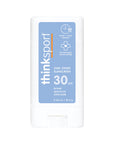 Front view of Thinksport SPF 30 zinc oxide sunscreen stick highlighting sweat and water resistance up to 80 minutes and dermatologist‑recommended formula.