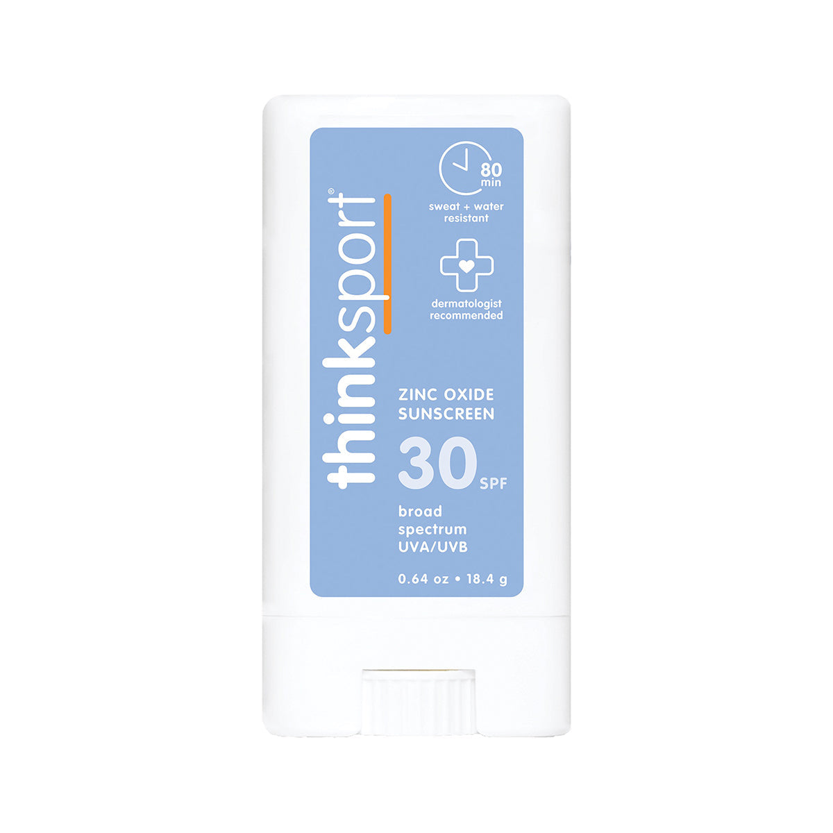 Front view of Thinksport SPF 30 zinc oxide sunscreen stick highlighting sweat and water resistance up to 80 minutes and dermatologist‑recommended formula.