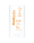 Front view of Thinkbaby SPF 30 zinc oxide sunscreen stick featuring water resistance up to 80 minutes and dermatologist‑recommended formula.