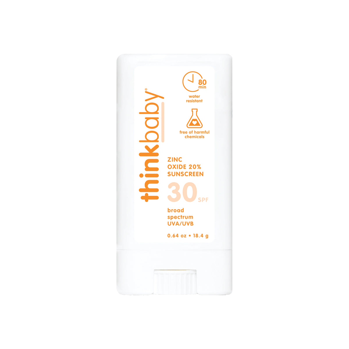 Thinkbaby sunscreen stick with SPF 30, highlighting zinc oxide content and water resistance up to 80 minutes, free of harmful chemicals.