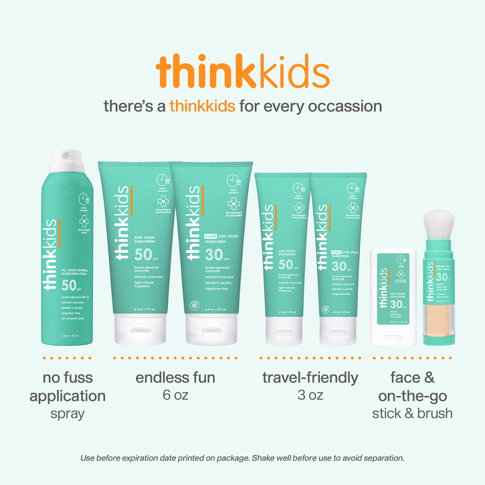 thinkkids sunscreen products with various sizes and forms on a white background