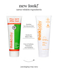 Old and new packaging designs for Thinkbaby Aloe Vera After Sun Gel, the left showing the original green and white tube and the right featuring the new white and orange design, both emphasizing the natural, soothing ingredients and commitment to being free of harmful chemicals.