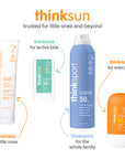 Thinksun sunscreen collection showing Thinkbaby, Thinkkids, Thinksport, and Thinkdaily mineral sunscreens for little ones, active kids, families, and everyday use.