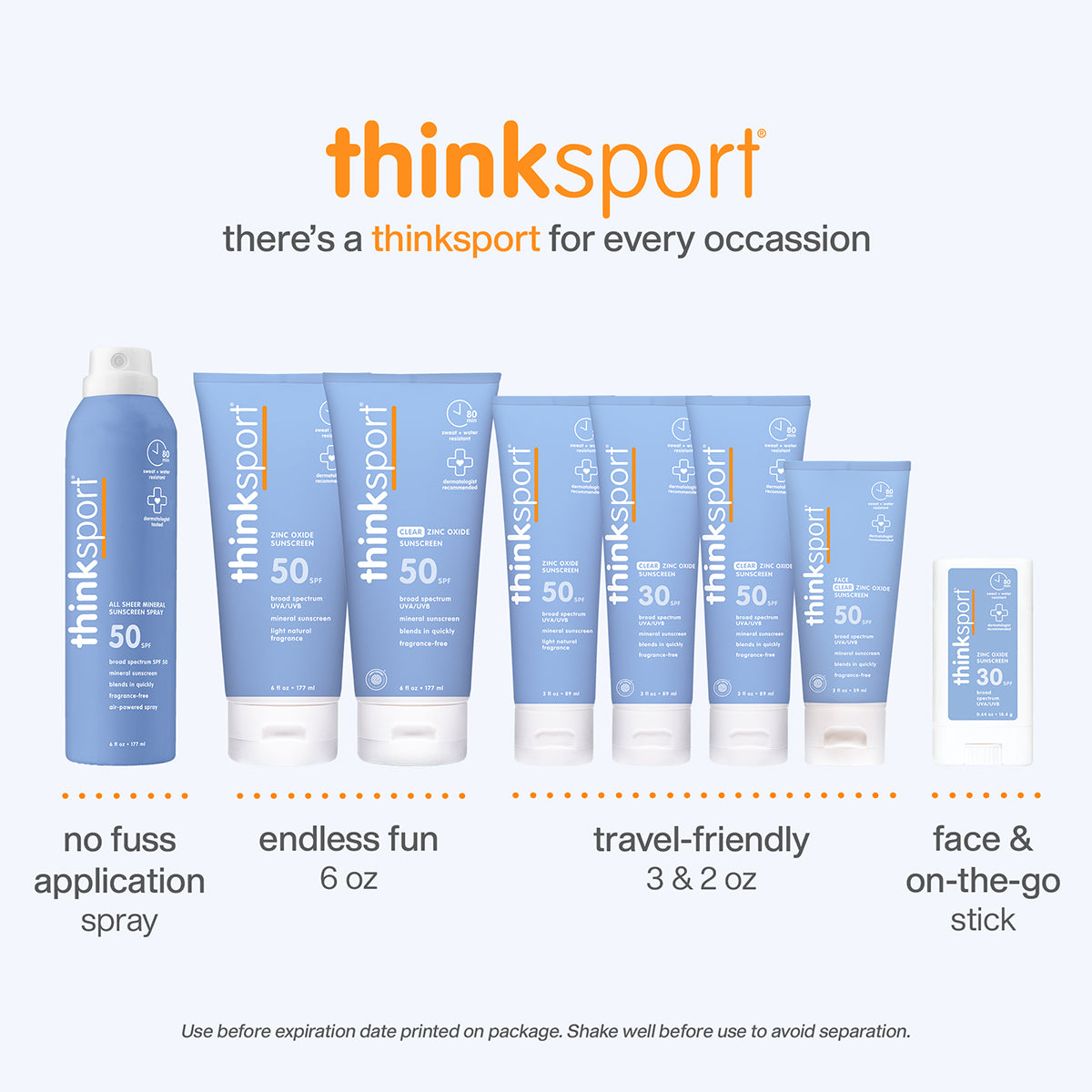 Thinksport mineral sunscreen collection displayed in various sizes including spray, tubes, and stick formats with SPF 30 and SPF 50 options