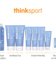 Assortment of ThinkSport sunscreen products ranging from sprays to lotions, with highlighted benefits such as 'no fuss application,' 'endless fun,' 'travel-friendly,' and 'face & on-the-go'.