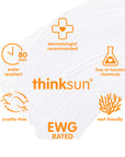 Thinksun branding with icons highlighting EWG rating, cruelty‑free formula, reef‑safe ingredients, and 80‑minute water resistance.