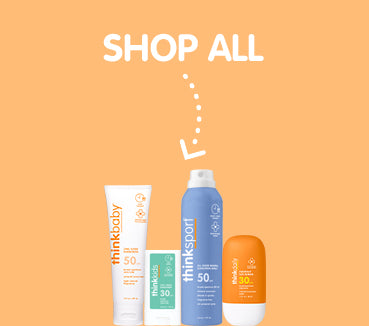 Thinkbaby sunscreen products on an orange background with 'Shop All' text.