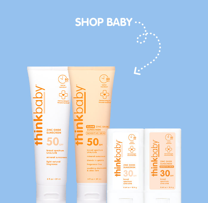 thinkbaby sunscreen products on a blue background with 'Shop Baby' text.