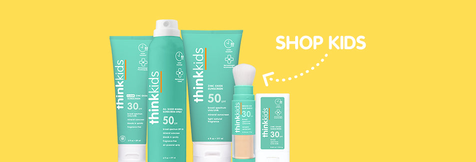 Think Kids sunscreen products on a yellow background with 'Shop Kids' text.