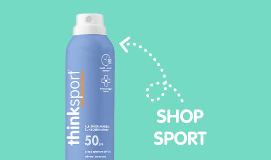 thinksport sunscreen spray can on a teal background with 'Shop Sport' text.